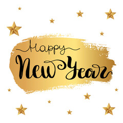 Happy new year greeting card template, lettering on brush painted gold background. 2021 Chinese calendar.