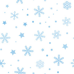 Snow vector pattern. Snowflake and stars seamless texture. Winter background. Vector elements.