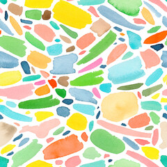 Colorful abstract watercolor seamless pattern. Hand drawn watercolour brush strokes, stains and blotches. Blue, yellow, green and pink colors. Ink textured background with abstract shapes. 