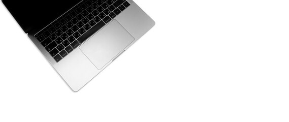 New high-speed thin silver aluminum laptop computer notebook side with touchpad, keyboard with Russian and English letters and open slots isolated on a white background