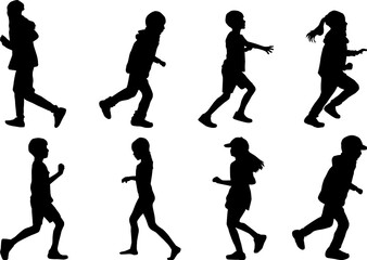 Children silhouettes running.  Black silhouettes.