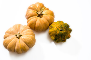 Orange pumpkins Halloween isolated on white background. Flat lay, top view.
