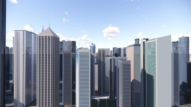 3d animation between high rise skyscrapers and glassy office building Forward camera movement.top of the abstract 3D city of white. Downtown time lapse view.