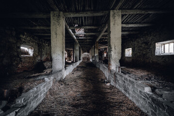 Fototapeta na wymiar Old abandoned and spooky barn interior. One of buildings of Panemunis manor in Lithuania. 