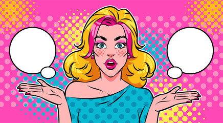 Confused woman making a choice, and two empty speech bubbles on bright retro background. Pop art vector illustration.