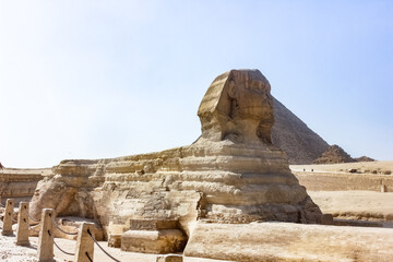 Egypt, Giza, Sphinx statue in the desert of ancient Cairo.