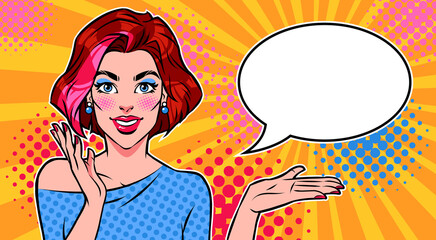 Smiling woman with presenting gesture, and empty speech bubble on bright background. Pop art vector illustration.