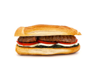 Homemade sandwich with sausage, chicory, mozzarella and tomato isolated on white background