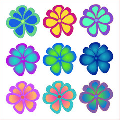 Set of simple flowers in different gradient colors. Trendy colors. Blooming buds. On an isolated white background. This template can be used for design, pattern creation, site pages.