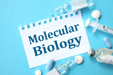 MOLECULAR BIOLOGY, text on white paper on a BLUE BACKGROUND