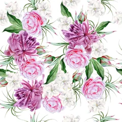 Tuinposter Bright seamless pattern with flowers. Peony. Rose. Hand drawn. © redneks