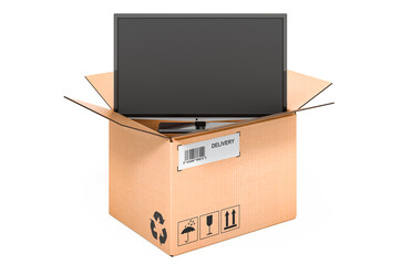 TV set inside cardboard box, delivery concept. 3D rendering