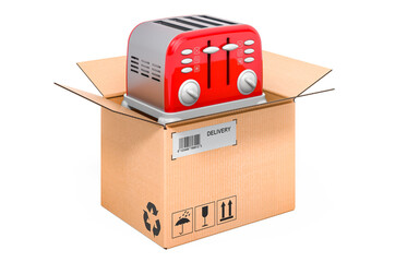 Toaster retro design inside cardboard box, delivery concept. 3D rendering