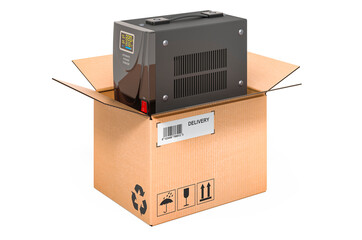 Voltage stabilizer inside cardboard box, delivery concept. 3D rendering
