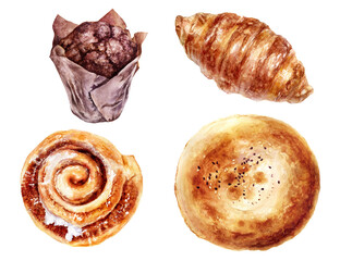 Croissant cinnamon roll tandoor bread chocolate cupcake set watercolor illustration isolated on white background