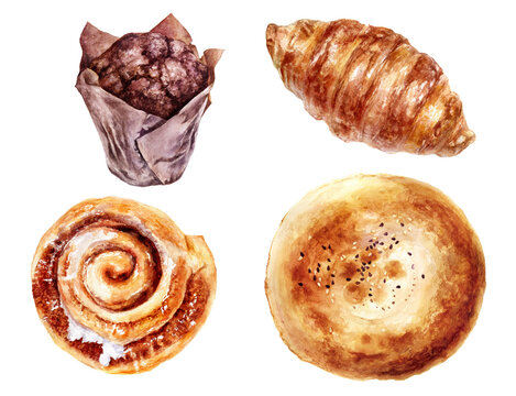 Croissant Cinnamon Roll Tandoor Bread Chocolate Cupcake Set Watercolor Illustration Isolated On White Background