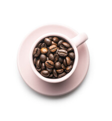 Roasted coffee beans in cup isolated on white background.