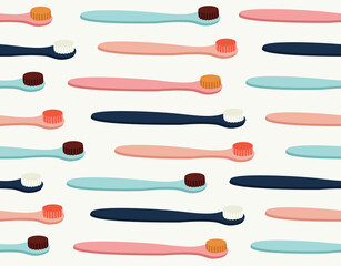 Seamless pattern of colored toothbrushes in pink, yellow, blue, and burgundy color. Hand-drawn illustration of dental care tools. Colorful background texture for textile, fabric, paper. 