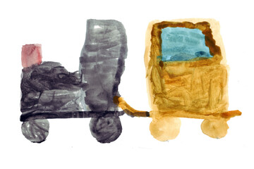 Child's drawing of a train. Hand drawn illustration