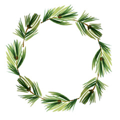 New year, Christmas wreath. Evergreen branches frame. Round Christmas frames with place for date, inscription, text. Watercolor illustration For your greeting cards, banners, invitation, announcements