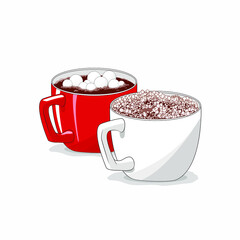 White, red cup on a white isolated background. Cocoa, coffee with marshmallows. Christmas. Celebration.