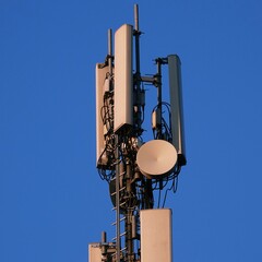 Telecommunication tower. Telecom tower antennas and satellite transmits the signals of cellular 5g...