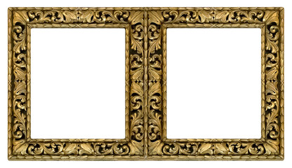 Double golden frame (diptych) for paintings, mirrors or photos isolated on white background. Design element with clipping path