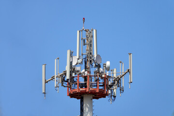 Telecommunication tower. Telecom tower antennas and satellite transmits the signals of cellular 5g 4g mobile signals to the consumers and smartphones. 