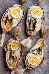 Salmon steak boats with lemon and rosemary