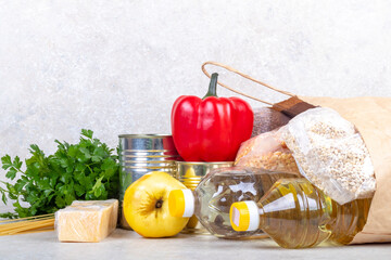 studio lighting. set of products. Cereals, canned food in metal cans. Concept, subsidy of a necessary set of food for life.