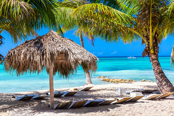 Straw umbrella on the tropical beach with white sand, ocean and palms. Vacation travel relaxation background. Saona island in Dominican Republic