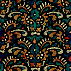 Embroidered seamless pattern. Wavy floral print for carpet. Ornament for home decor. 