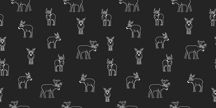 Seamless pattern with chalk on blackboard effect. Gray background and white lines of deers