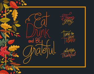 eat drink and be grateful lettering in frame with leaves vector design