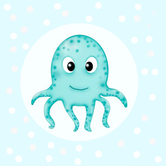 Illustration of an octopus in a white bubble on a blue background.
