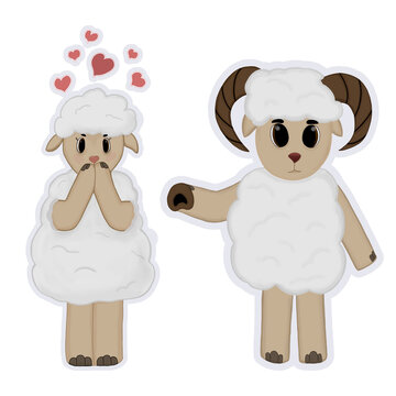 Stickers with a sheep and a ram in love. Isolated illustration.