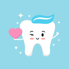 Cute tooth boy with pink heart in hand and sparkles. Flat design cartoon smiling dentat character in love vector illustration. Happy Valentines Day concept - love tooth hold heart and winks.