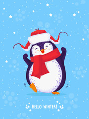 Cute dancing penguin in winter hat with ear flaps. Blue blackground with snowflakes and stars. Hello winter.