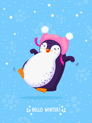 Cute jumping penguin in funny winter hat. Blue blackground with snowflakes and stars. Hello winter.