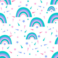 Seamless cute rainbow pattern. Cartoon rainbows. Blue, pink colors.
