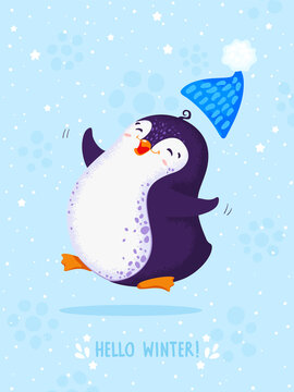 Hello winter. Little cute chubby penguin with knitted hat. Vector illustration. Blackground with snowflakes and stars.