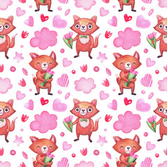 Obraz premium Watercolor pattern with cute foxes for the holidays, valentine's day, birthday. Background for party attributes