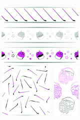 Set for decoration from hockey elements for girls. Pink hockey stick, puck, stars, hockey helmet. Seamless patterns, borders.