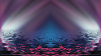 Abstract futuristic empty stage, light reflection in water, neon light. Smooth lines, liquid lines.