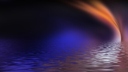 Abstract futuristic empty stage, light reflection in water, neon light. Smooth lines, liquid lines.