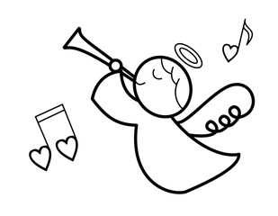 ラッパを吹く天使＋音符(線画)