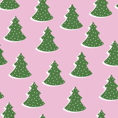 Christmas trees flat vector seamless pattern. Green fir tree on pink background. Winter texture with cartoon color icons. New year print. Creative hand drawn textures for winter holidays