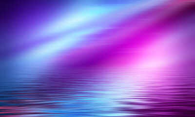 Abstract futuristic empty stage, light reflection in water, neon light. Smooth lines, liquid lines.