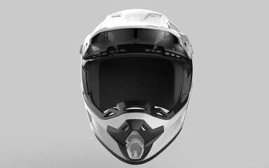 Sport Motorcycle Full face Helmet. face view. Sport equipment. Black matte color. 3D render Illustration Isolated on white background.