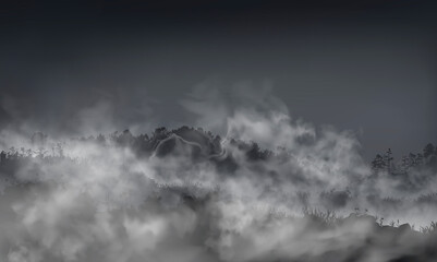 Grassy field with hills, rocks, boulders inside the mist clouds. Vector haze landscape llustration. © vellot